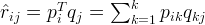 \hat{r}_{ij} = p_i^T q_j = \sum_{k=1}^k{p_{ik}q_{kj}} \hat{r}_{ij} = p_i^T q_j = \sum_{k=1}^k{p_{ik}q_{kj}}